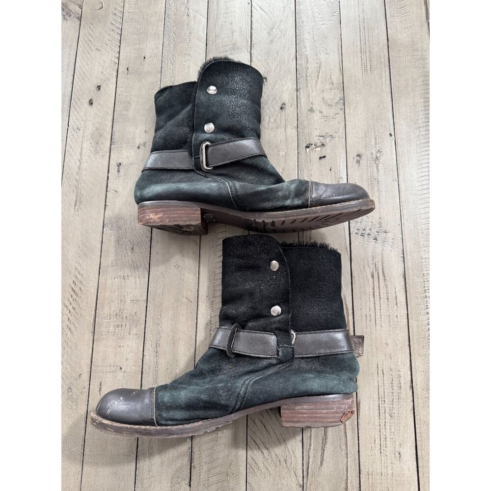 Matt Bernson Tundra Ankle Boots Black Shearling Leather Snap Up Size 8.5